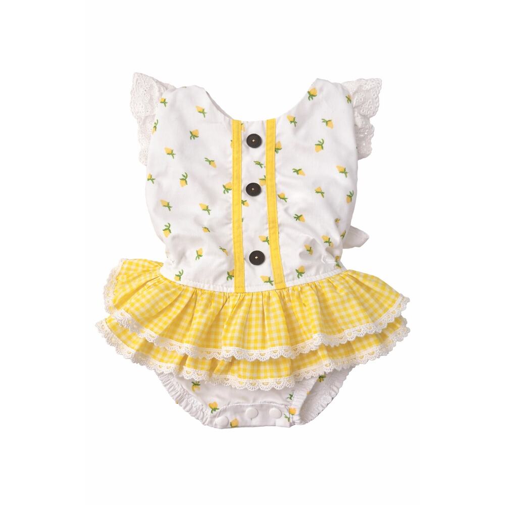 Be Girl Clothing Lemon Bubble Romper Yellow Gingham 12M
